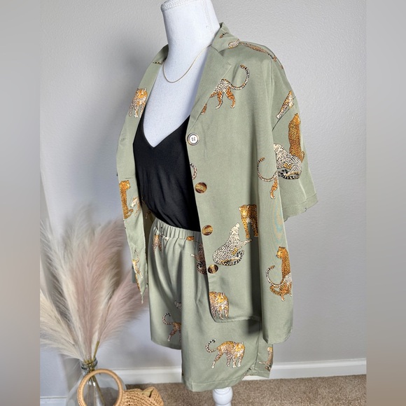 Green Animal Print Button Up and Short Set - Picture 10 of 12